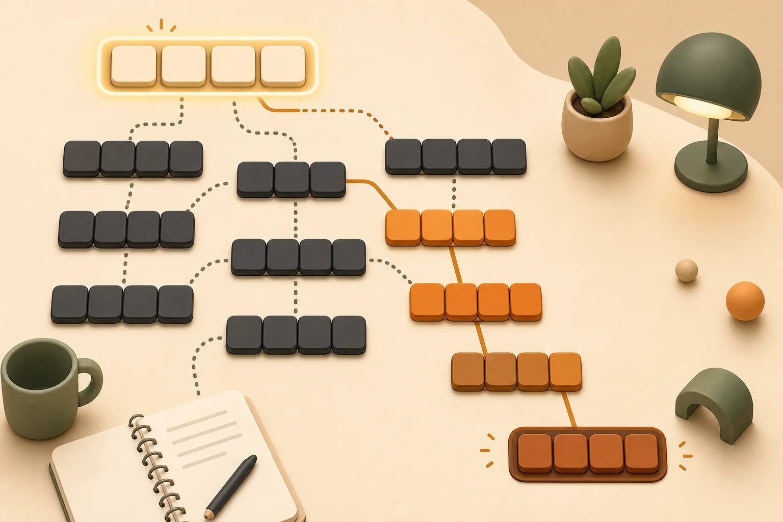 Branching routes across blank word ladder tiles